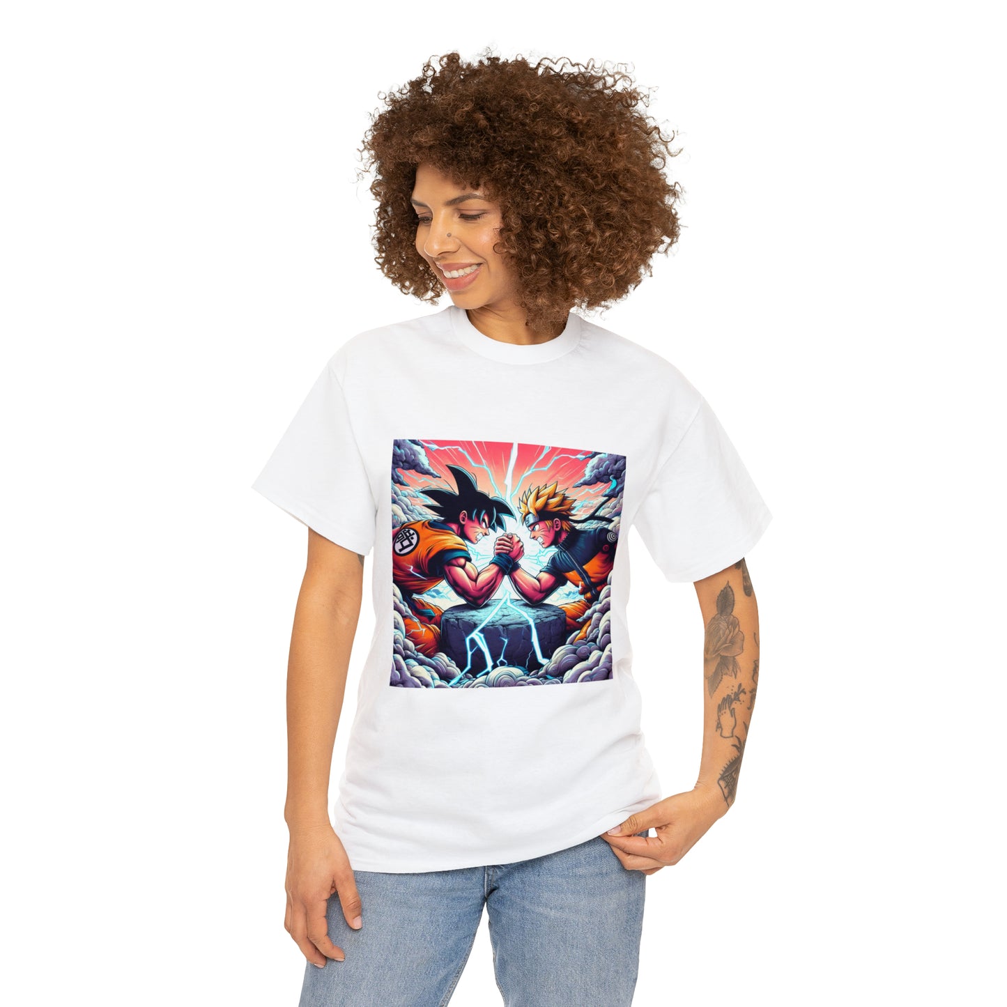 Goku and Naruto Arm Wrestling Unisex Heavy Cotton Tee