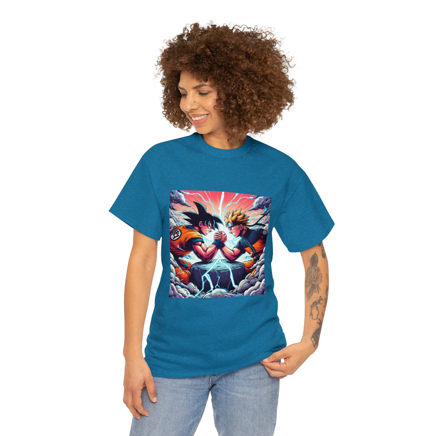 Goku and Naruto Arm Wrestling Unisex Heavy Cotton Tee