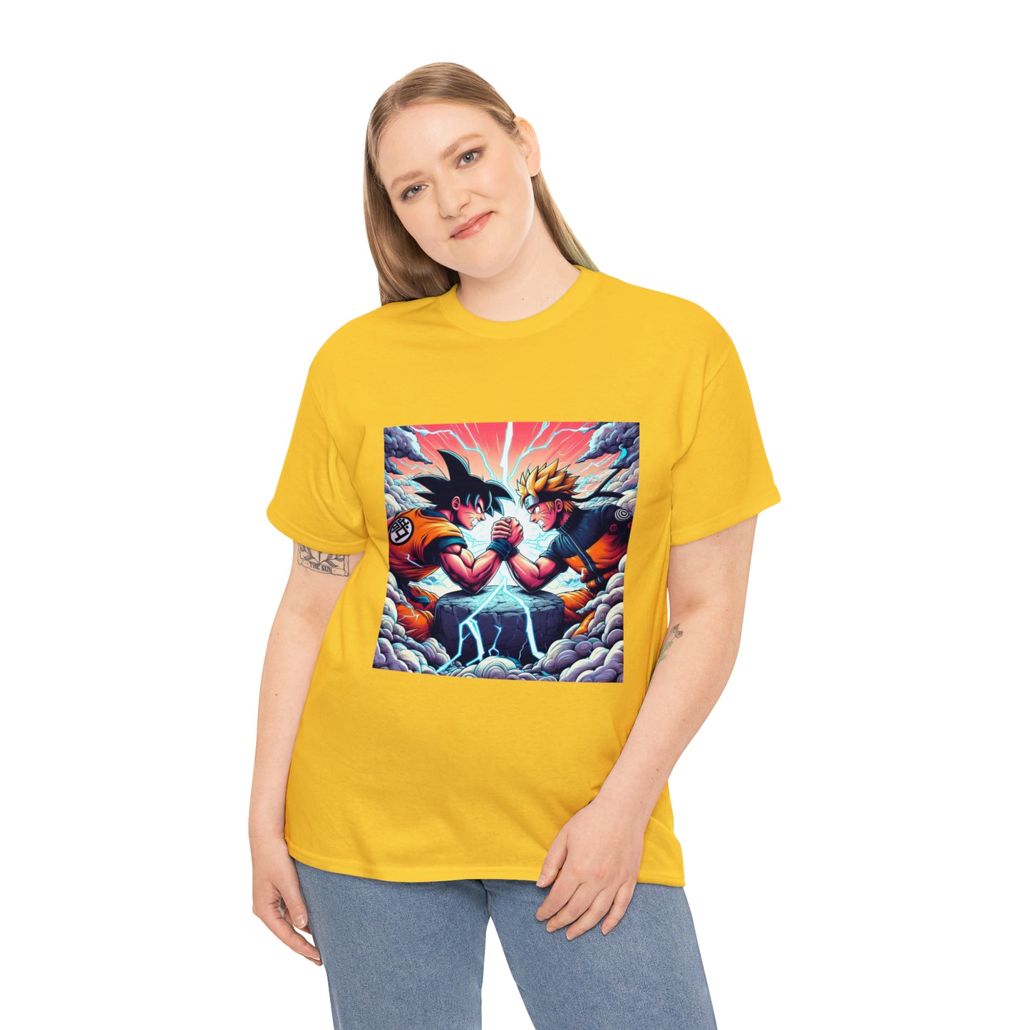 Goku and Naruto Arm Wrestling Unisex Heavy Cotton Tee