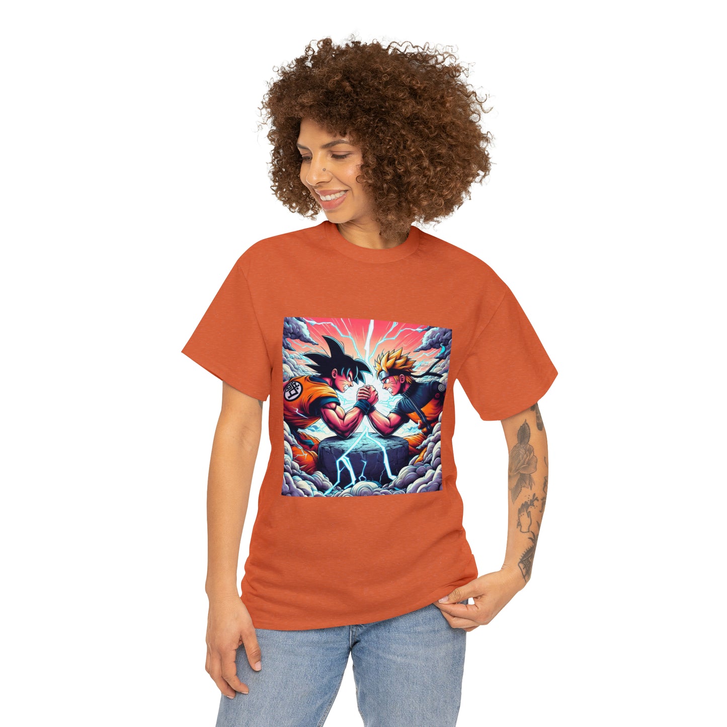 Goku and Naruto Arm Wrestling Unisex Heavy Cotton Tee